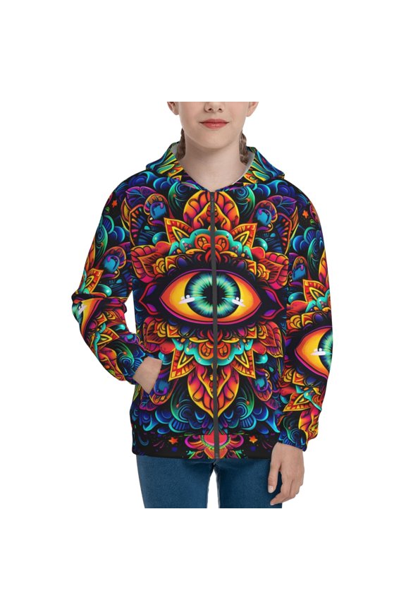 Vibrant Psychedelic Eye Teenage Zipper Hoodie, Long Sleeve Zip Up Hoodies Casual Jackets Tops for 7-12 Years-Medium