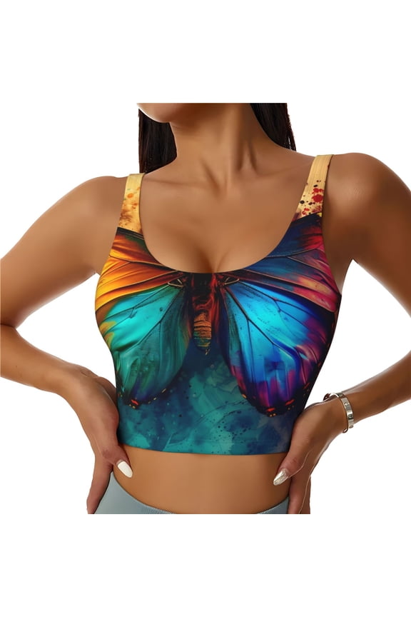 Vibrant Rainbow Butterfly A Sports Bras for Women,Sports Bras for Women High Support with Removable Pads-Large