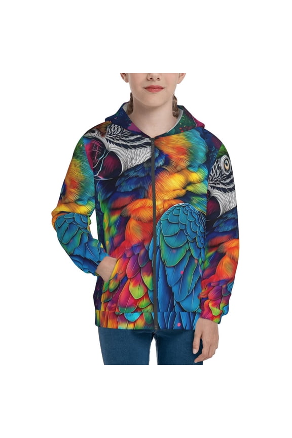 Vibrant Rainbow Parrot Fantasy Teenage Zipper Hoodie, Long Sleeve Zip Up Hoodies Casual Jackets Tops for 7-12 Years-Medium