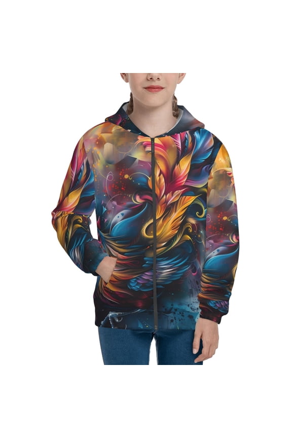 Vibrant Rooster Painting Teenage Zipper Hoodie, Long Sleeve Zip Up Hoodies Casual Jackets Tops for 7-12 Years-