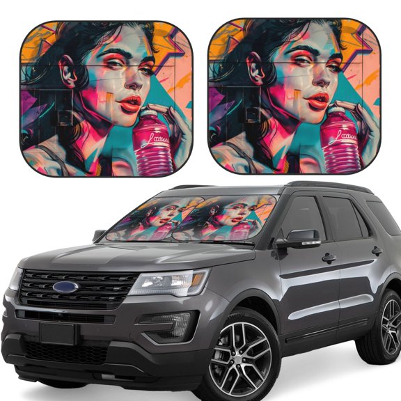 Naloa Vibrant Street Art Portrait Print 2-Piece Windshield Sunshade,Foldable Car Front Window Sun Shades,for Most Sedans SUV Truck-Small