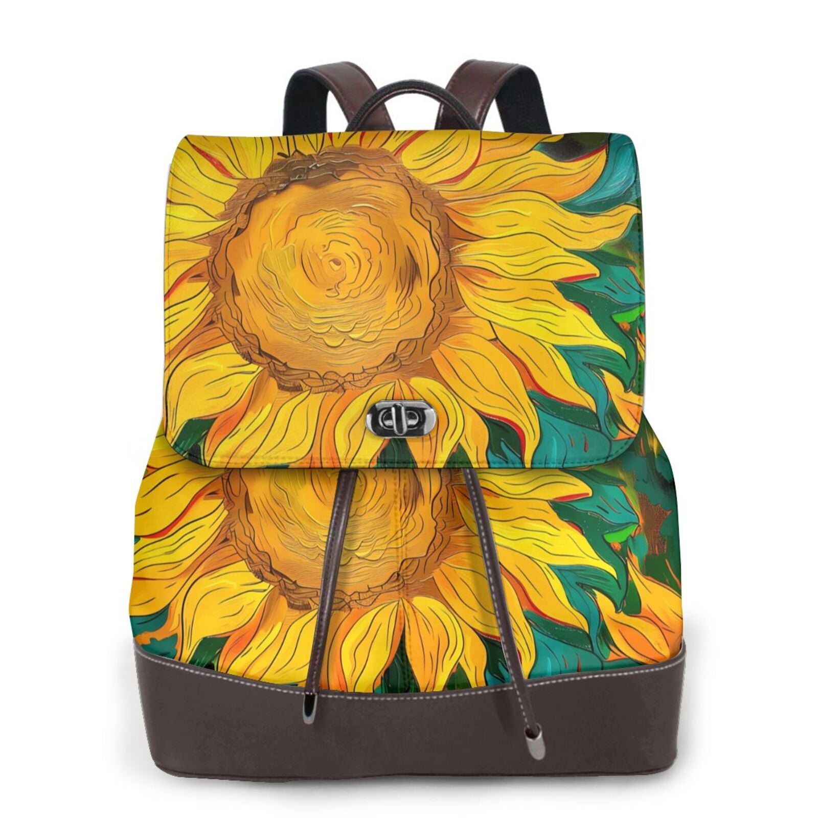 Gaeub Vibrant Sunflower Painting Print Women's Leather Backpack,Travel Laptop Backpack,Fashion Ladies Leather Backpack Bag for Travel,Leather Drawstring Daypack for Me