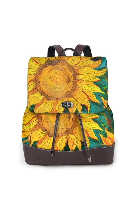 Vibrant Sunflower Painting Print Women's Leather Backpack,Travel Laptop Backpack,Fashion Ladies Leather Backpack Bag for Travel,Leather Drawstring Daypack for Me