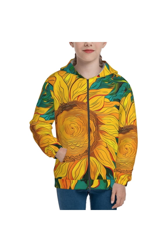 Vibrant Sunflower Painting Teenage Zipper Hoodie, Long Sleeve Zip Up Hoodies Casual Jackets Tops for 7-12 Years-Small