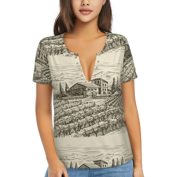 Naloa Vineyard Landscape Print T-Shirts Short Sleeve V Neck Tees for Women Fashion Tops Trendy Lightweight Soft Casual Summer Outfits Clothes