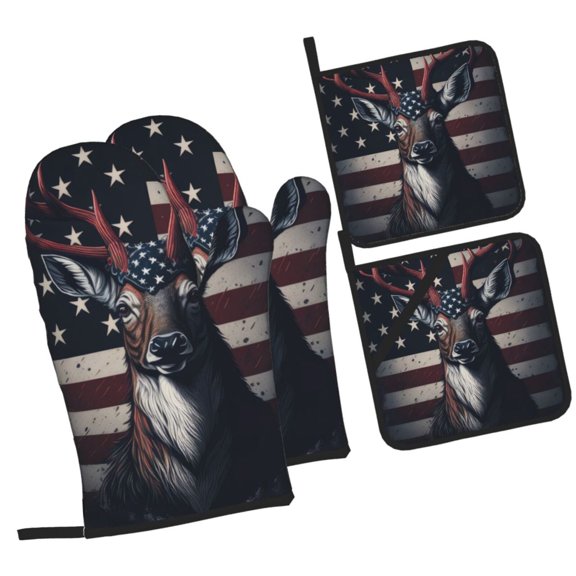 Naloa Vintage American Deer Oven Mitts and Pot Holders 4 pcs Set, Cooking Baking Grilling Kitchen Oven Glove for Cooking