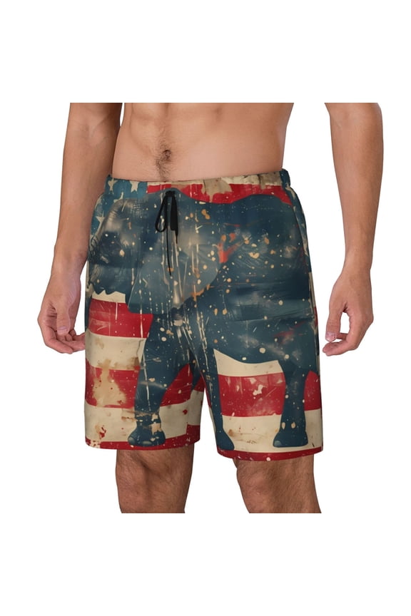 Vintage American Flag Elephant Print Men Swim Trunks with Compression Liner ,Board Shorts,Men's Swim Shorts with Drawstring and Elastic Waistband-Medium