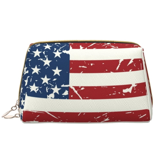 Naloa Vintage American Flag Leather Makeup Bag for Purse Travel, Portable Small Cosmetic Organizer for Women and Girls, Make up Bag with Zipper