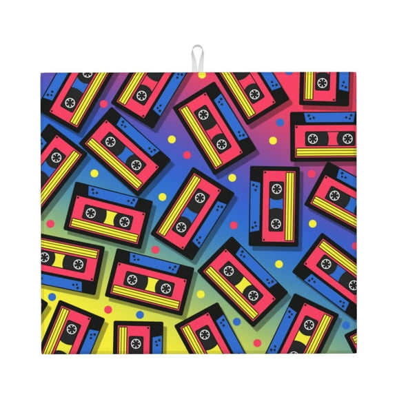 Naloa Vintage Audio Cassettes Dish Drying Mat for Kitchen Counter, Heat Resistant Drainer Mats, Absorbent Draining Mat,Dish Rack Pad,16"x18"