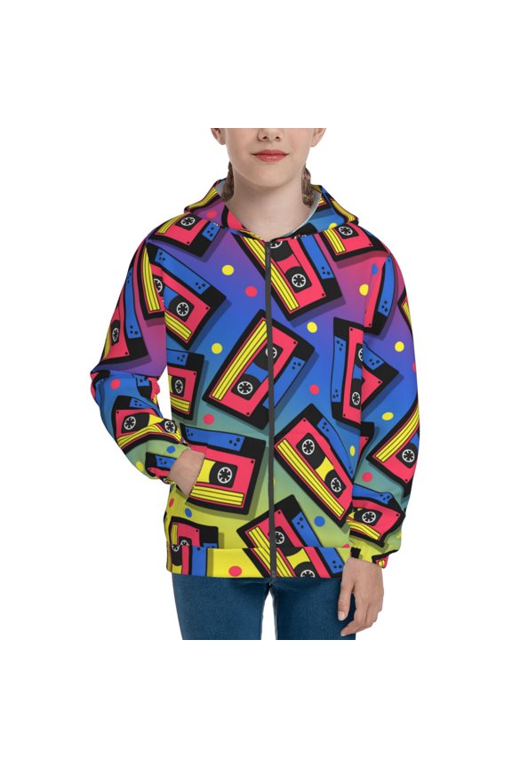 Vintage Audio Cassettes Teenage Zipper Hoodie, Long Sleeve Zip Up Hoodies Casual Jackets Tops for 7-12 Years-Medium