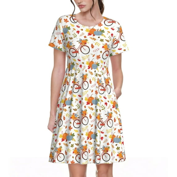 Naloa Vintage Autumn Pumpkins Print Womens Summer A-Line Dress with Pockets,Short Sleeve Dresses,Flowy Beach Swing Dress for Vacation Travel