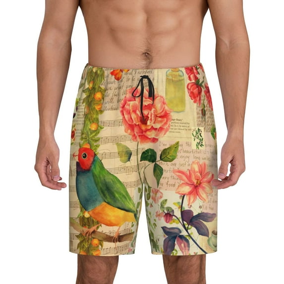 Naloa Vintage Bird Men's Short Pajama Pants, Lounge Comfort Shorts with Elasticized Waistband and Side Pockets - 4X-Large