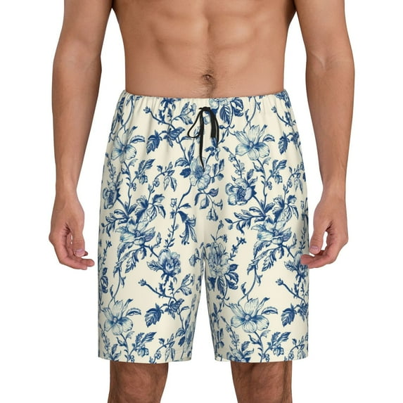 Naloa Vintage Blue Floral Men's Short Pajama Pants, Pj Shorts, Lounge Comfort Shorts-X-Large