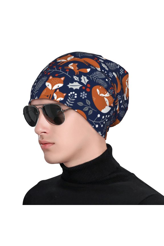 Vintage Blue Fox Family Soft Beanie Hat, Knit Beanie Daily Beanie in Fine Knit for Women Men Winter Travel, Outdoor