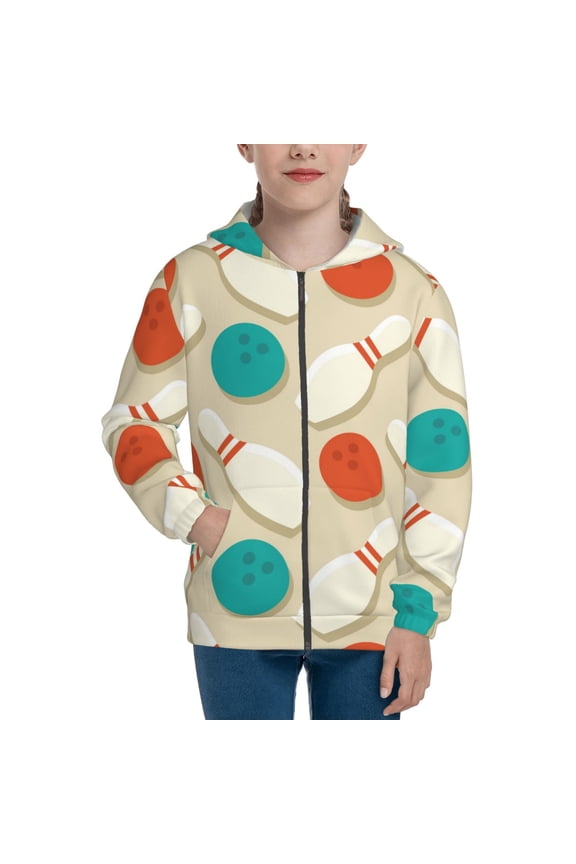 Vintage Bowling Teenage Zipper Hoodie, Long Sleeve Zip Up Hoodies Casual Jackets Tops for 7-12 Years-Medium