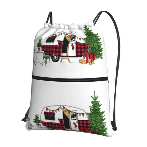 Naloa Vintage Buffalo Plaid Christmas Camper Drawstring Backpack String Bag Cinch Water Resistant for Gym Shopping Sport Yoga