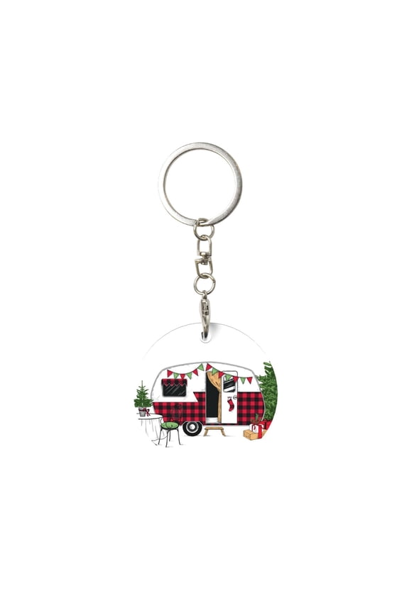 Naloa Vintage Buffalo Plaid Christmas Camper Print Round Keychain Keychain Key Ring, Key Tag, Key Chain Bulk for Gift Accessories (Round)