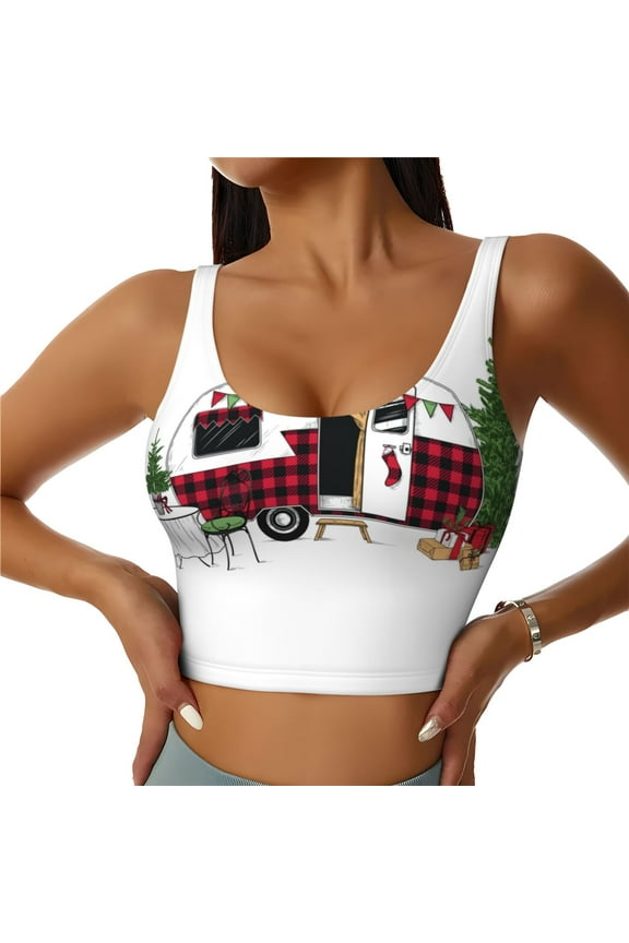 Vintage Buffalo Plaid Christmas Camper Sports Bras for Women, High Support Bra with Removable Pads, Comfortable - Small