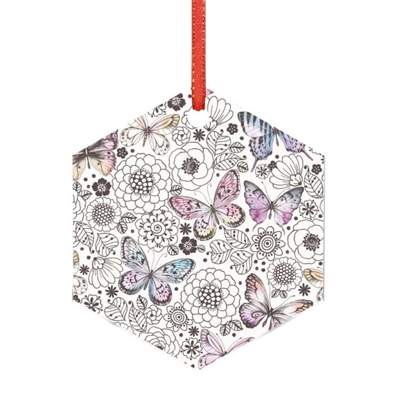 Naloa Vintage Butterflies Acrylic Santa Tree Decorations Christmas Hanging Pendant for Christmas Winter New Year Party Hanging Decorations-Hexagon