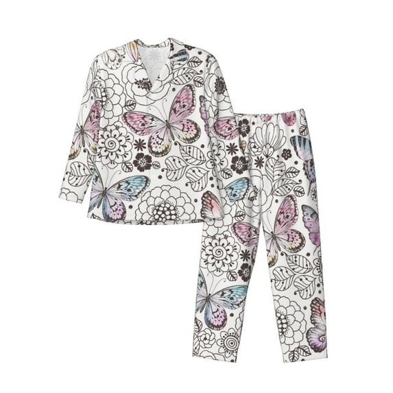 Naloa Vintage Butterflies Men’s Pajamas Set - Long Sleeve Button Down Sleep Shirt and Pajama Bottoms Sleepwear Set-Medium
