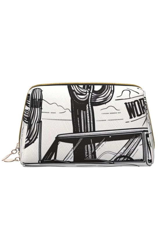 Vintage Cactus Pickup Leather Makeup Bag for Purse Travel, Portable Small Cosmetic Organizer for Women and Girls, Make up Bag with Zipper