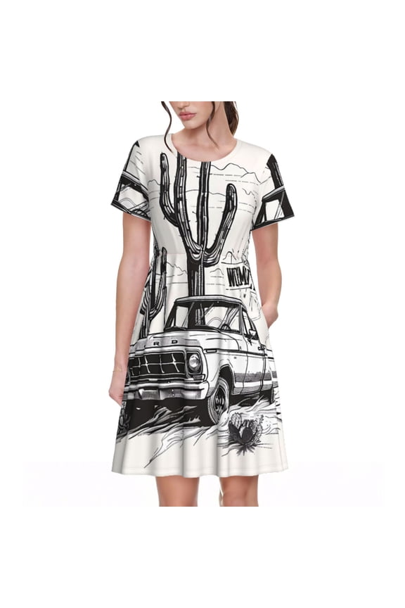 Vintage Cactus Pickup Print Womens Summer A-Line Dress with Pockets,Short Sleeve Dresses,Flowy Beach Swing Dress for Vacation Travel