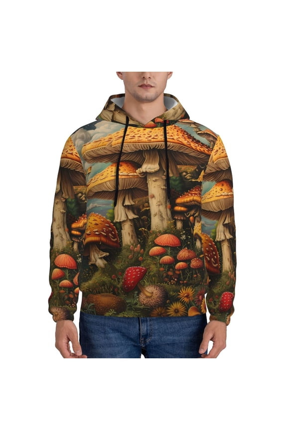 Vintage Cloud Mushroom Men's Casual Hooded Collar Drawstring Hoodies Pullover Sweatshirts Casual Long Sleeve Shirts-3X-Large