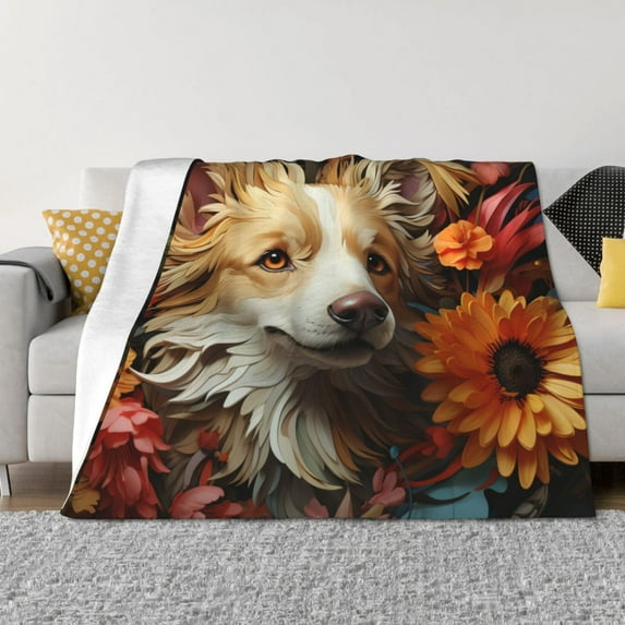 Naloa Vintage Colorful Flower Puppy Flannel Blankets - Thick and Warm Blanket for Winter, Soft Fuzzy Plush King Blanket for All Seasons40"x30"