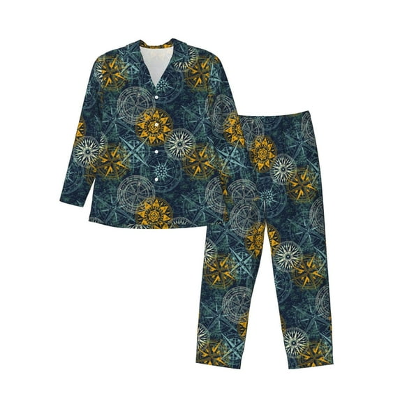 Naloa Vintage Compass Men’s Pajamas Set - Long Sleeve Button Down Sleep Shirt and Pajama Bottoms Sleepwear Set-Large