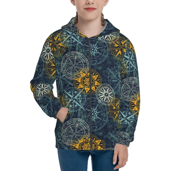 Naloa Vintage Compass Teenage Zipper Hoodie, Long Sleeve Zip Up Hoodies Casual Jackets Tops for 7-12 Years-Small