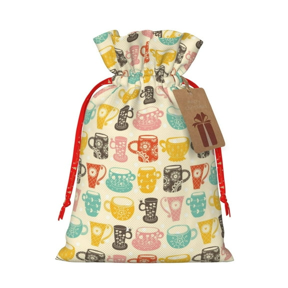 Naloa Vintage Cup Drawstring Christmas Bags, 3D Xmas Gift Bags, Christmas Wrapping Bags, Xmas Goodie Bags, Treat Pouch Bags, Party Favor Bags-Small