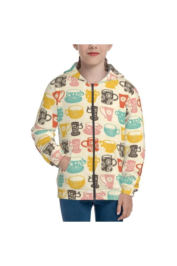 Vintage Cup Teenage Zipper Hoodie, Long Sleeve Zip Up Hoodies Casual Jackets Tops for 7-12 Years-Small
