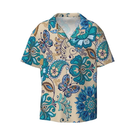Naloa Vintage Floral Butterflies Men's Loose Fit Cuban Collar Short-Sleeve Shirt with Button-down and Chest Pocket for Everyday Wear Outings - Medium