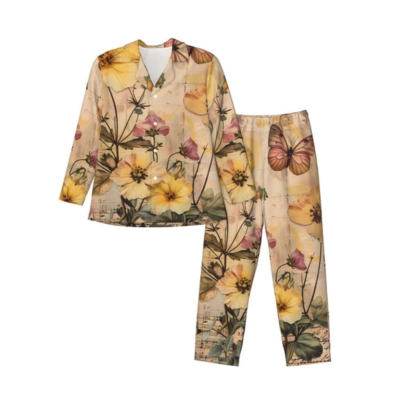 Naloa Vintage Floral Butterfly Collage Men’s Pajamas Set - Long Sleeve Button Down Sleep Shirt and Pajama Bottoms Sleepwear Set-Medium