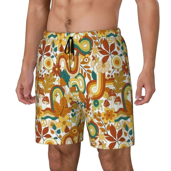Naloa Vintage Floral Print Men Swim Trunks with Compression Liner ,Board Shorts,Men's Swim Shorts with Drawstring and Elastic Waistband-Medium