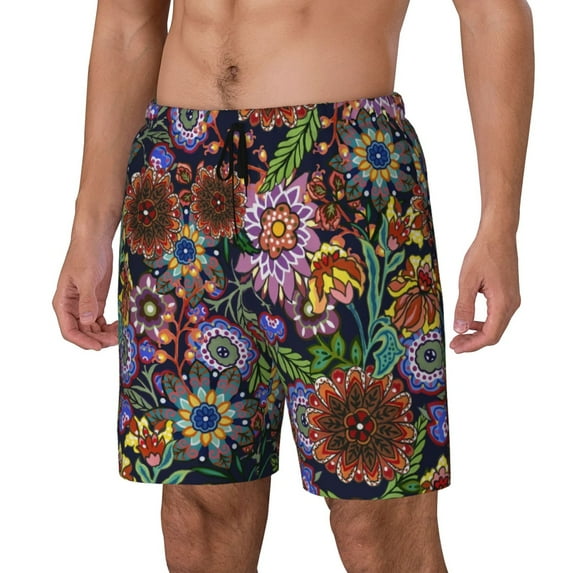 Naloa Vintage Floral Print Men Swim Trunks with Compression Liner ,Board Shorts,Men's Swim Shorts with Drawstring and Elastic Waistband-Medium