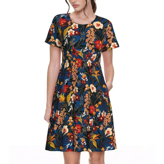 Naloa Vintage Floral Print Womens Summer A-Line Dress with Pockets,Short Sleeve Dresses,Flowy Beach Swing Dress for Vacation Travel