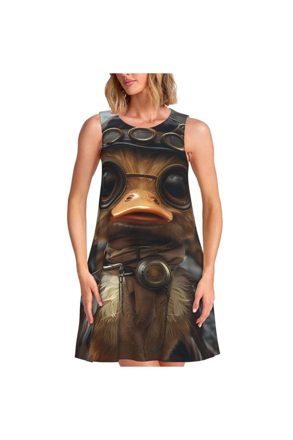 Vintage Gentleman Duck Print Women's Summer Spring Casual Beach Sundress,Vacation Sleeveless Tank Crewneck Loose Dresses