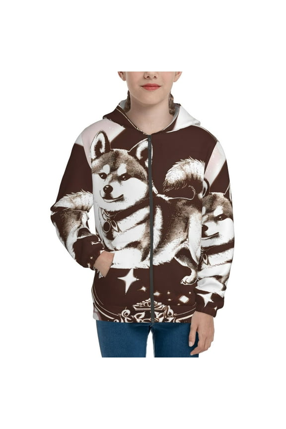Vintage Husky Dog Teenage Zipper Hoodie, Long Sleeve Zip Up Hoodies Casual Jackets Tops for 7-12 Years-Small
