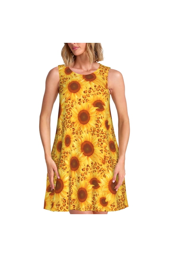 Vintage Leopard Print Sunflower Print Women's Summer Spring Casual Beach Sundress,Vacation Sleeveless Tank Crewneck Loose Dresses