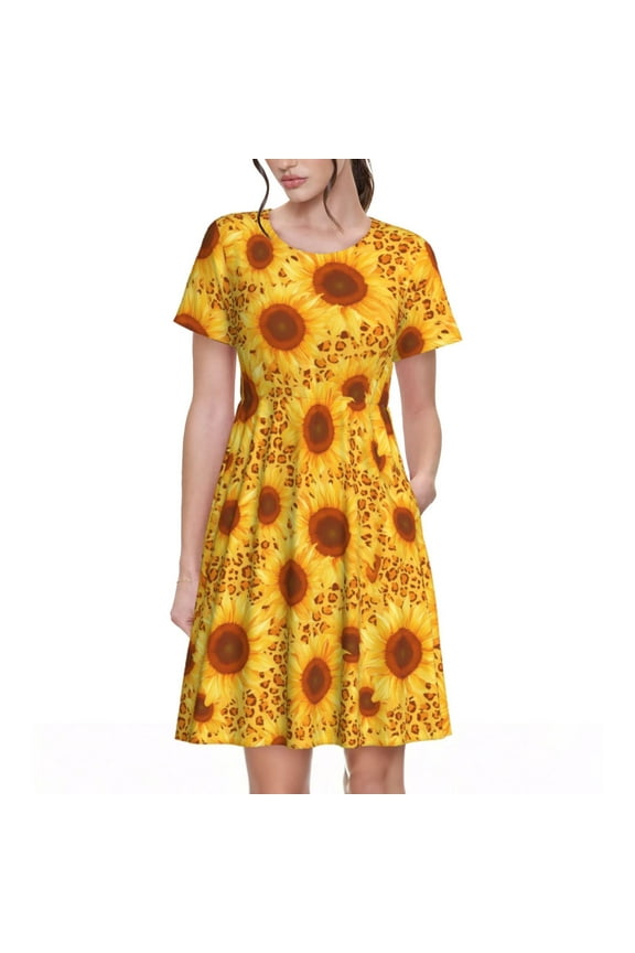 Vintage Leopard Print Sunflower Print Womens Summer A-Line Dress with Pockets,Short Sleeve Dresses,Flowy Beach Swing Dress for Vacation Travel