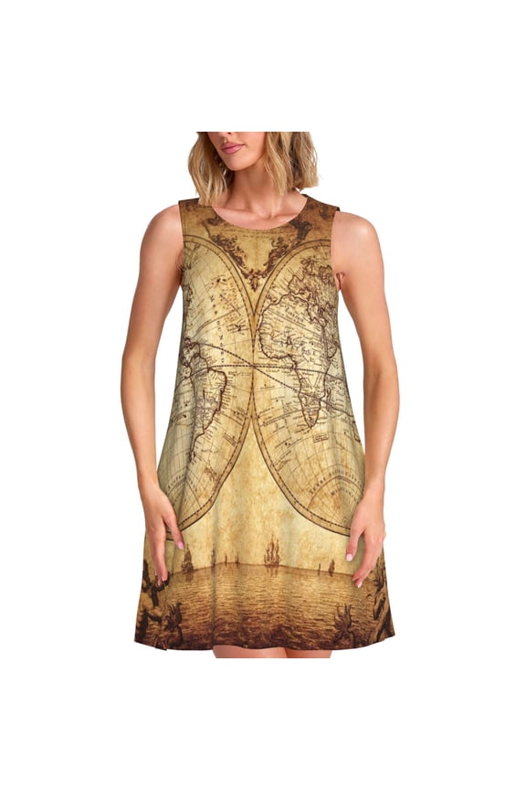 Vintage Map Of The World Print Women's Summer Spring Casual Beach Sundress,Vacation Sleeveless Tank Crewneck Loose Dresses