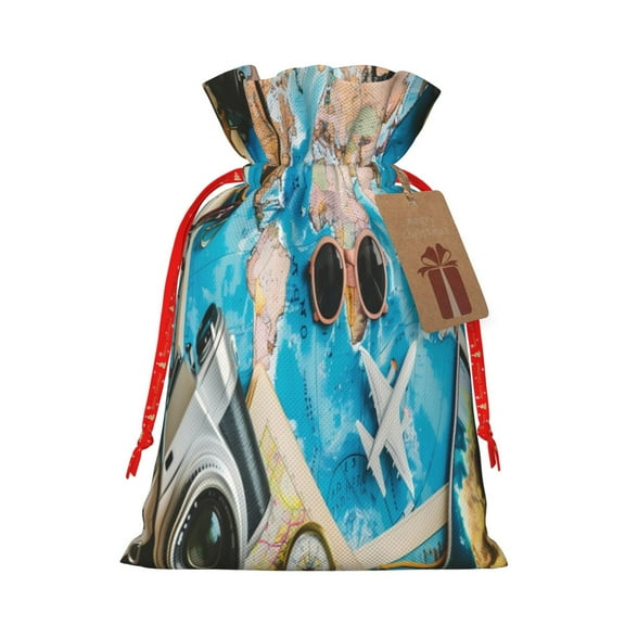 Naloa Vintage Map Travel Essentials Drawstring Christmas Bags, 3D Xmas Gift Bags, Christmas Wrapping Bags, Xmas Goodie Bags, Treat Pouch Bags, Party Favor Bags-Medium