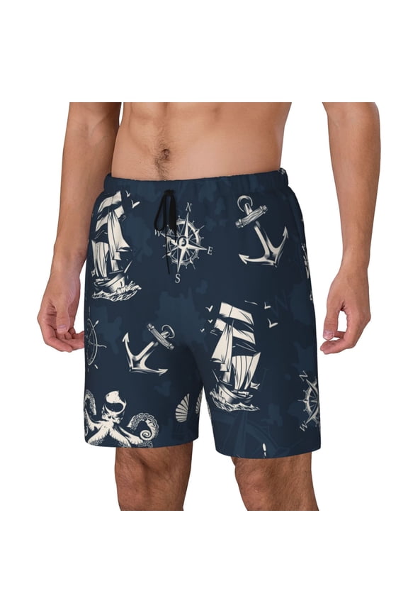 Vintage Marine Print Men Swim Trunks with Compression Liner ,Board Shorts,Men's Swim Shorts with Drawstring and Elastic Waistband-Large