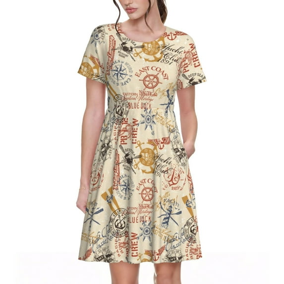 Naloa Vintage Nautical Print Womens Summer A-Line Dress with Pockets,Short Sleeve Dresses,Flowy Beach Swing Dress for Vacation Travel