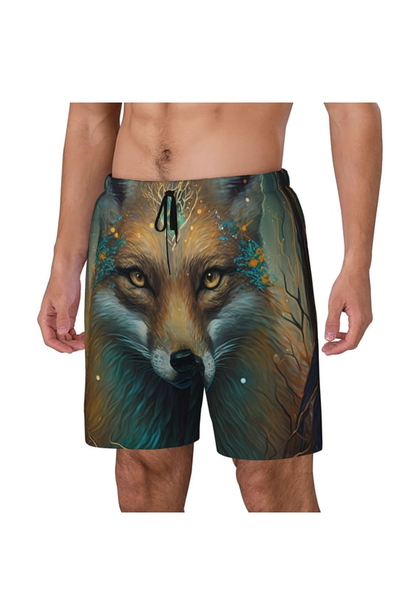 Vintage Pattern Fox Print Men Swim Trunks with Compression Liner ,Board Shorts,Men's Swim Shorts with Drawstring and Elastic Waistband-Medium