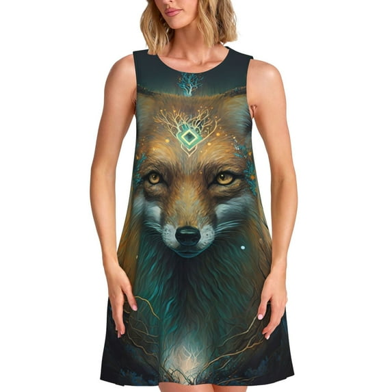 Naloa Vintage Pattern Fox Print Women's Summer Spring Casual Beach Sundress,Vacation Sleeveless Tank Crewneck Loose Dresses