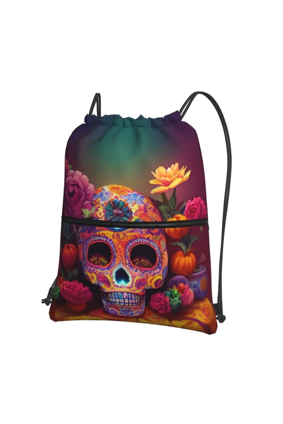 Vintage Patterned Skull Drawstring Backpack String Bag Cinch Water Resistant for Gym Shopping Sport Yoga