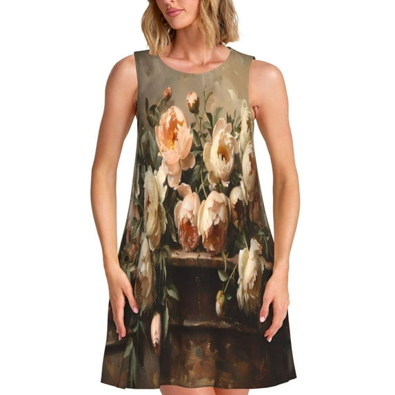Naloa Vintage Peonies Rustic Charm Print Women's Summer Spring Casual Beach Sundress,Vacation Sleeveless Tank Crewneck Loose Dresses