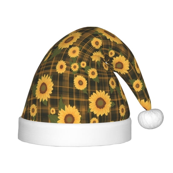 Naloa Vintage Plaid Sunflower Santa Hat for Kids Baby Christmas Hats,Girls Boys Toddler Plush Xmas Holiday Hat,Luxury Santa Claus Hat